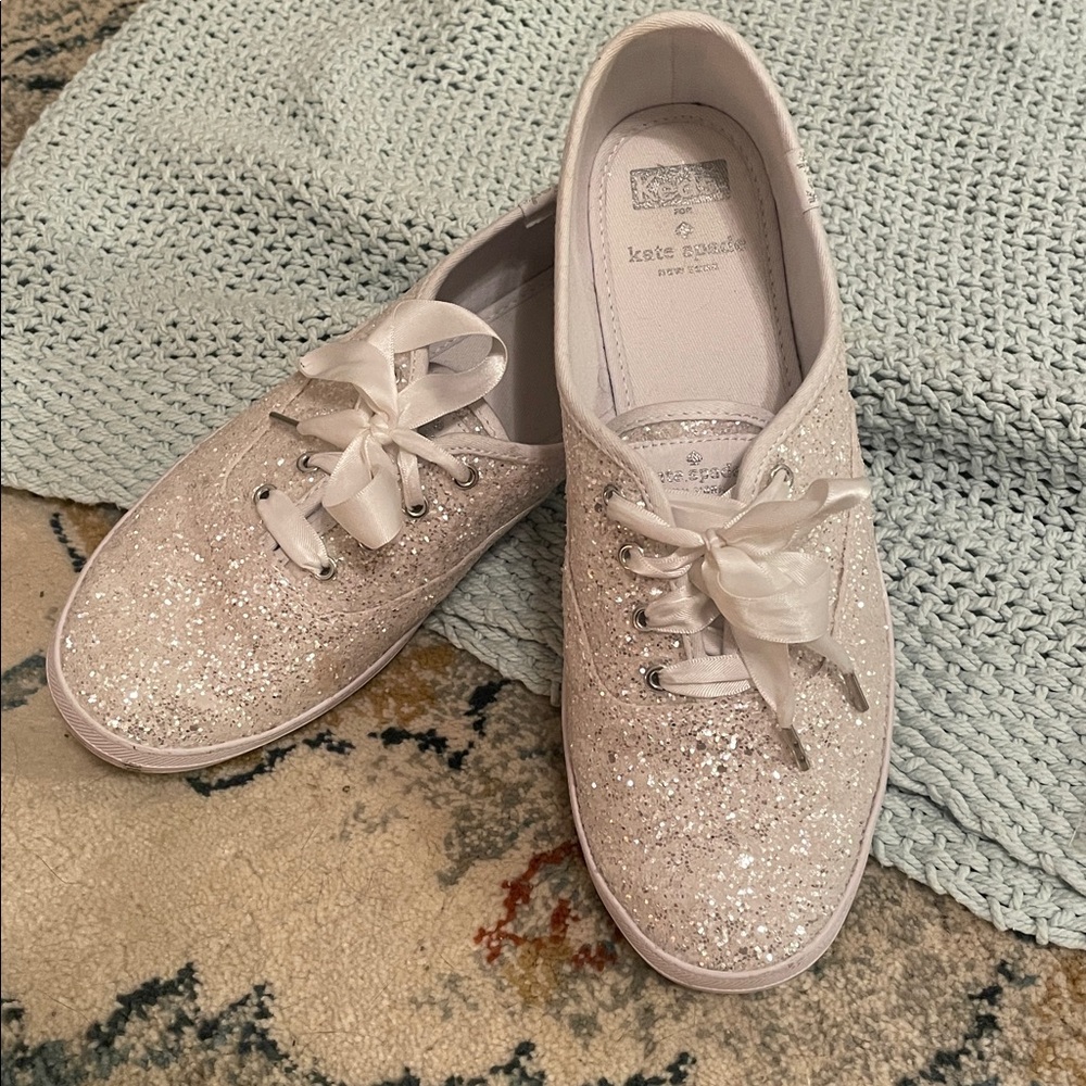 Kate Spade Silver Glitter Sneakers with White Ribbon
